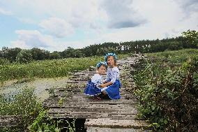 Wooden pedestrian bridge in Kaplyntsi village