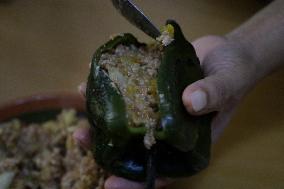 Elaboration Of Chiles En Nogada, Dish Of The Independence Of Mexico