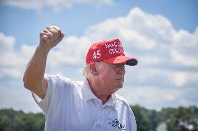 Former President Of The United States Donald J. Trump Visits The Driving Range At LIV Golf Bedminster 2023