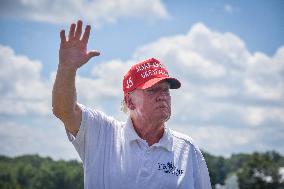 Former President Of The United States Donald J. Trump Visits The Driving Range At LIV Golf Bedminster 2023