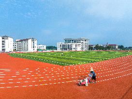 Construction Workers Carry Out Plastic Runway Marking in Lianyungang, China