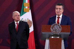 The President Of Mexico, Andres Manuel Lopez Obrador At A Press Conference At The National Palace