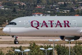 A New Qatar Airways Airbus A350 Arriving In Athens Airport