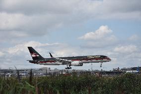 Former President Of The United States Donald J. Trump's Plane Trump Force One Lands At Newark Airport