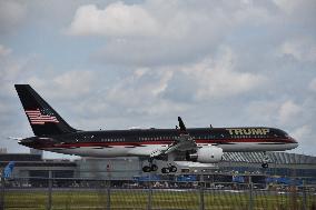 Former President Of The United States Donald J. Trump's Plane Trump Force One Lands At Newark Airport