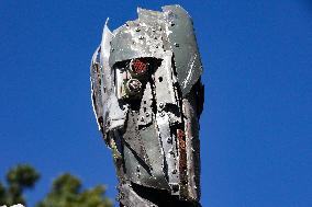 Statue made of downed Russian rockets in Kharkiv