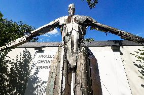 Statue made of downed Russian rockets in Kharkiv