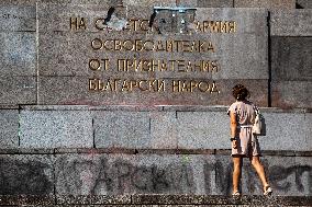 Broken Plaque On The Monument Of The Soviet Army In Sofia.