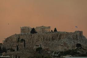 Parthenon Temple On Acropolis And Smoke From Wildfires