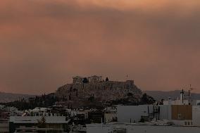 Parthenon Temple On Acropolis And Smoke From Wildfires