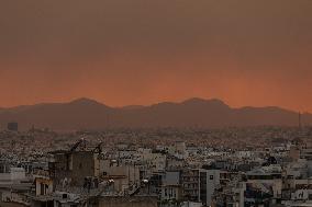 Parthenon Temple On Acropolis And Smoke From Wildfires