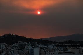 Parthenon Temple On Acropolis And Smoke From Wildfires