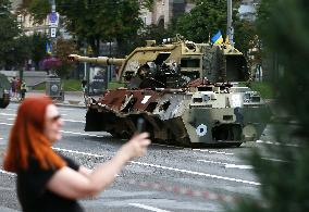 Captured Russian Military Vehicles Displayed Ahead Of Independence Day Celebrations In Kyiv, Amid Russia's Invasion Of Ukraine