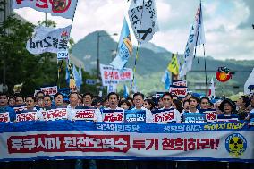South Korean Democratic Party Rally Against Japan After Fukushima Begins Releasing Treated Radioactive Water