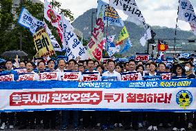 Democratic Party Rally Against Japan After Fukushima Begins Releasing Treated Radioactive Water In Seoul