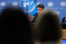 Permanent Representative To UN From Albania Press Conference On Security Council Agenda In New York City