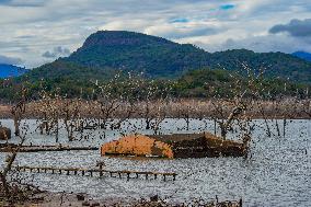 Due To The Extremely Dry Weather, The Moragahakanda Reservoir Has Dried Up, And The Old Ruins Have Been Exposed.