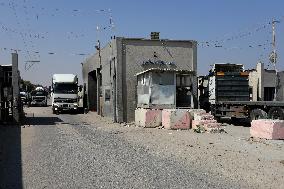 Palestinian Trucks In Front Of The Kerem Shalom Commercial Crossing, In Gaza Strip