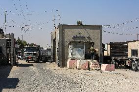 Palestinian Trucks In Front Of The Kerem Shalom Commercial Crossing, In Gaza Strip