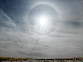 Solar Halo Appears Over The Ulan Lake in The Tengger Desert