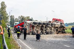 A traffic accident where two trucks collided