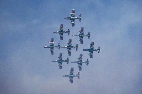 The Exhibition Of The Frecce Tricolori At The Air Show Del Garda For The Centenary Of The Aeronautica Militare In Desenzano Del