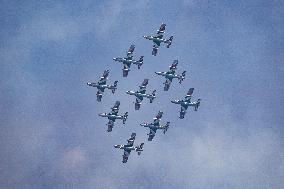 The Exhibition Of The Frecce Tricolori At The Air Show Del Garda For The Centenary Of The Aeronautica Militare In Desenzano Del