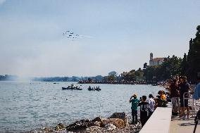 The Exhibition Of The Frecce Tricolori At The Air Show Del Garda For The Centenary Of The Aeronautica Militare In Desenzano Del