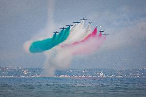 The Exhibition Of The Frecce Tricolori At The Air Show Del Garda For The Centenary Of The Aeronautica Militare In Desenzano Del