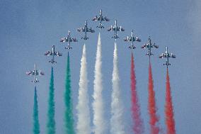 The Exhibition Of The Frecce Tricolori At The Air Show Del Garda For The Centenary Of The Aeronautica Militare In Desenzano Del