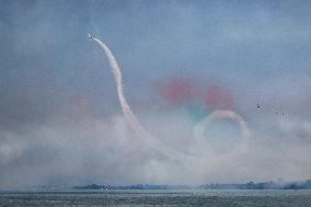 The Exhibition Of The Frecce Tricolori At The Air Show Del Garda For The Centenary Of The Aeronautica Militare In Desenzano Del