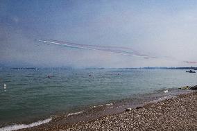 The Exhibition Of The Frecce Tricolori At The Air Show Del Garda For The Centenary Of The Aeronautica Militare In Desenzano Del