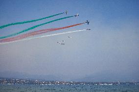 The Exhibition Of The Frecce Tricolori At The Air Show Del Garda For The Centenary Of The Aeronautica Militare In Desenzano Del