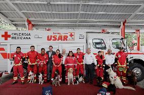 Mexican Red Cross Hands Over Donations To Canine Binomial Members Of The Search And Rescue Team In Collapsed Structures