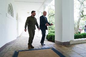 Ukrainian President Volodymyr Zelenskiy meets with President Joe Biden at the White House in Washington