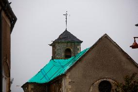 Picture Of A Church At Saint Aubin-les-Forges Center In France. Emmanuel Macron Launches A “national Collection” To Save Ruined