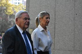 US Senator Bob Menendez And His Wife Nadine Menendez Arrive At Federal Court In New York City
