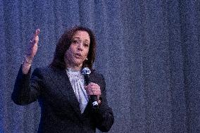 Vice President Kamala Harris addresses a convening of the YMCA’s Initiative on Boys and Young Men of Color