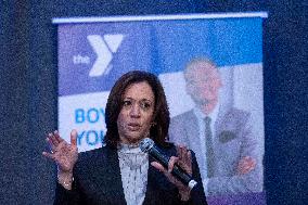 Vice President Kamala Harris addresses a convening of the YMCA’s Initiative on Boys and Young Men of Color
