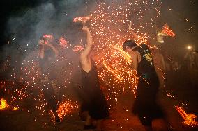 Sacred Fire Fight Ritual During Full Moon In Bali