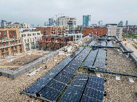 Solar Panels On The Roofs Of New Homes Under Construction - Utrecht