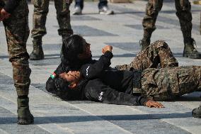 Paramilitary Soldie Women Guard During  Bike Rally