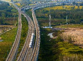 Bullet Trains Run on A Highway in Huai 'an, China