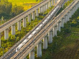 Bullet Trains Run on A Highway in Huai 'an, China