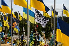 Flags On The Graves Of Ukrainian Soldiers On The Alley Of Heroes In Irpin