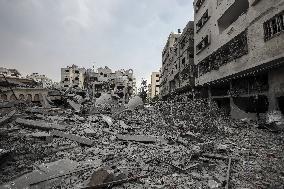 The rubble of destroyed buildings and mosque after an Israeli air stike in Gaza City, on October 9, 2023.