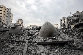 The rubble of destroyed buildings and mosque after an Israeli air stike in Gaza City, on October 9, 2023.