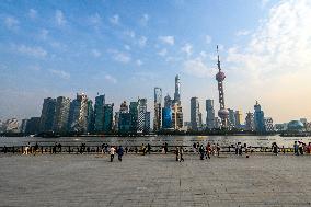 Tourists Visit The North Bund Scenic Area in Shanghai