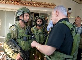 Benjamin Netanyahu Tours Kibbutz Near Gaza - Israel