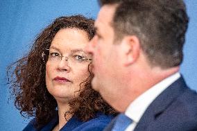 German Work Minister Hubertus Heil and President of Federal Work Agency Andrea Nahles hold Press Conference at the Bundespressek